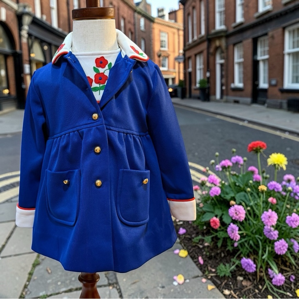 Vintage Navy Girls Dress & Coat Set Embroidered Floral Collar Classic 24M/2T